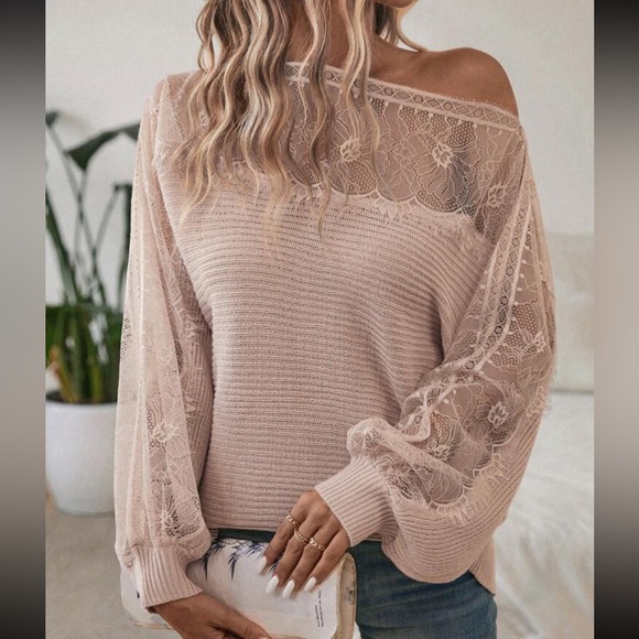 Comfy Elegant Sheer Mesh Lace Boat Neck Batwing Sleeve Sweater Top - Picture 1 of 7